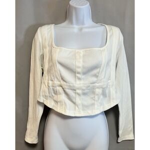 Cider‎ Long Sleeve Ribbed Crop Top White Plus Size 0XL Steampunk Women's